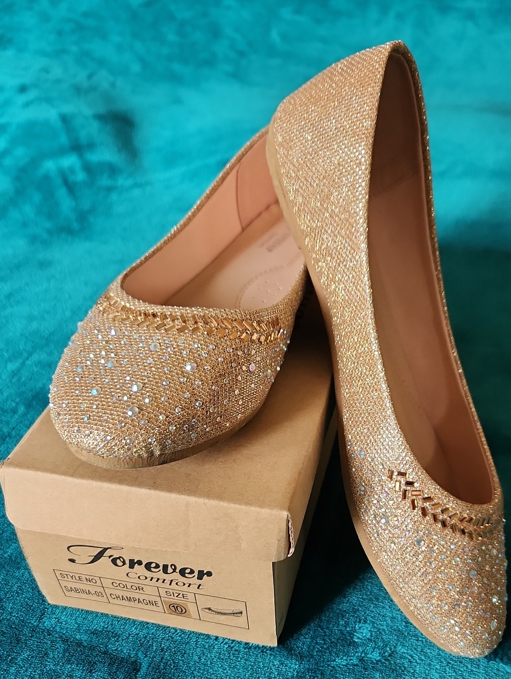 Forever Comfort Champagne Glitter Ballet Flats with Rhinestone Accents Size 10